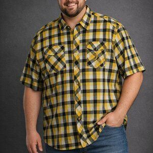 Satin in the Hood Men's Short Sleeve Shirt 3XL Yellow Tartan Plaid Embroidered